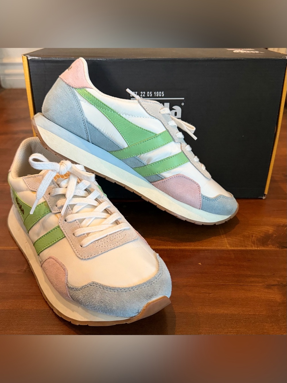 Gola Women's Runner Sneakers in White, Pastel Blue & Pink with Green Acce
